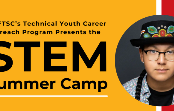 A bold yellow background contrasts with the words "STEM SUMMER CAMP" and a picture of Theland Kicknosway is next to the words
